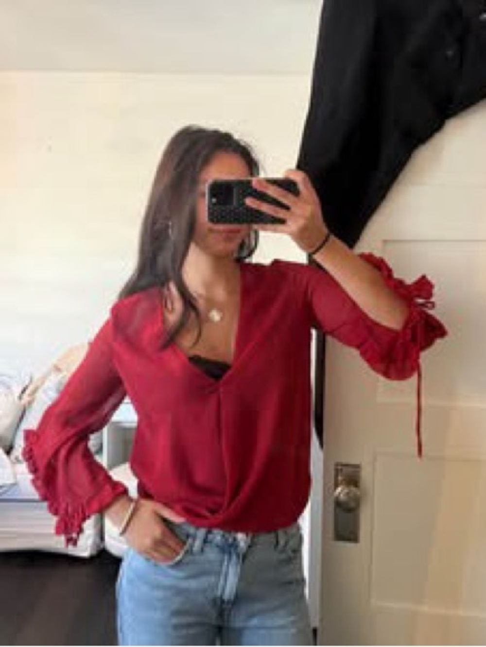 Zara Deep Red V-Neck Ruffle Tie-Sleeve Blouse